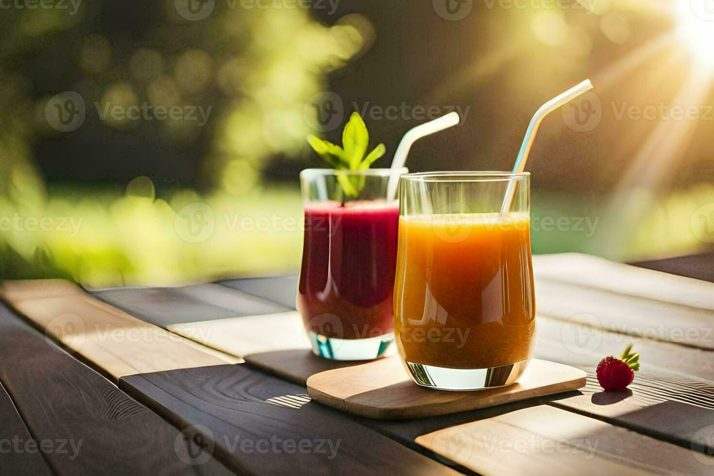 zwei Brille von Saft auf ein hölzern Tisch. KI-generiert foto