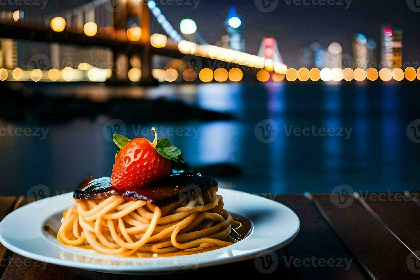 ein Teller von Spaghetti mit ein Erdbeere auf oben von Es. KI-generiert foto