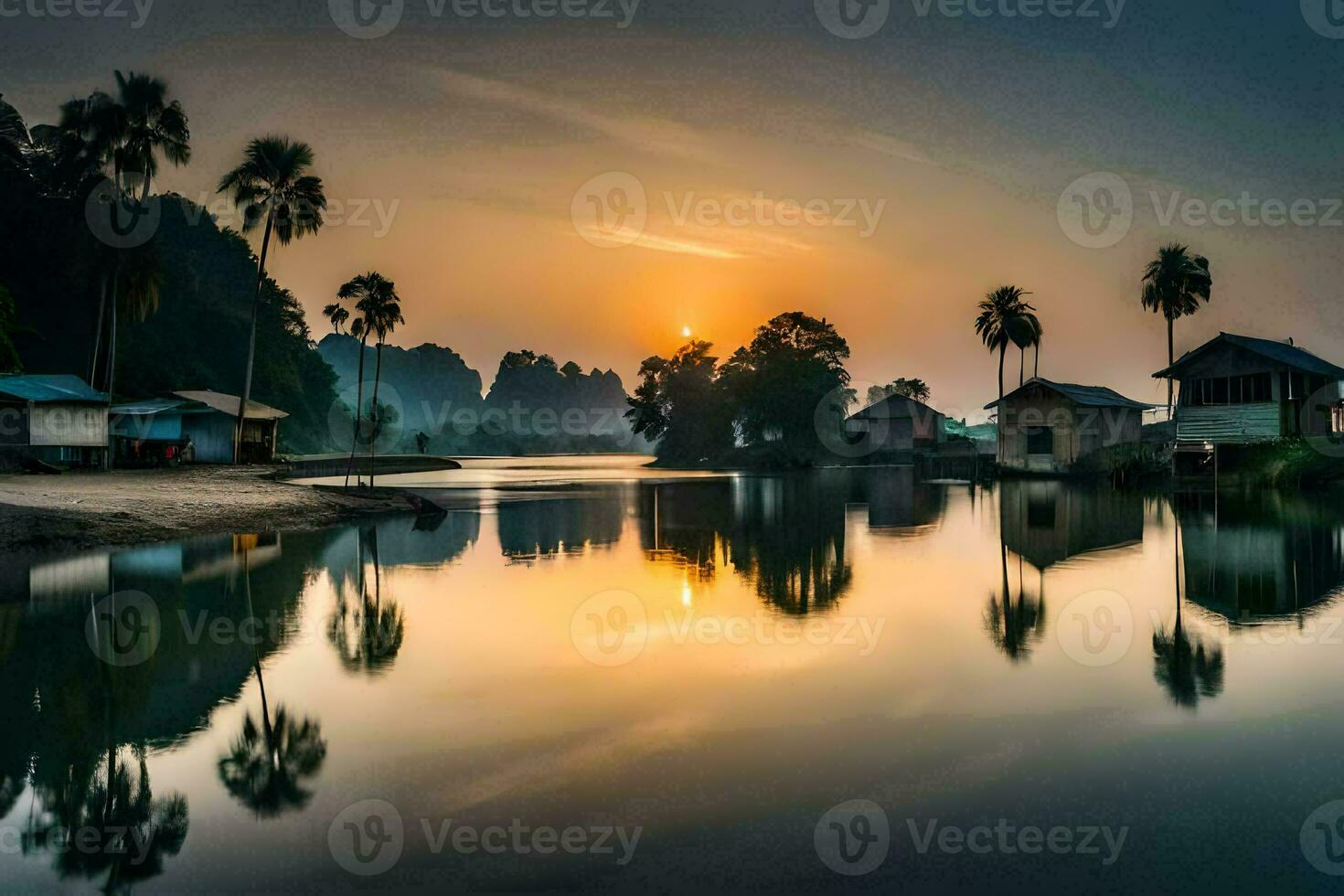 das Sonne setzt Über ein Fluss und etwas Häuser. KI-generiert foto