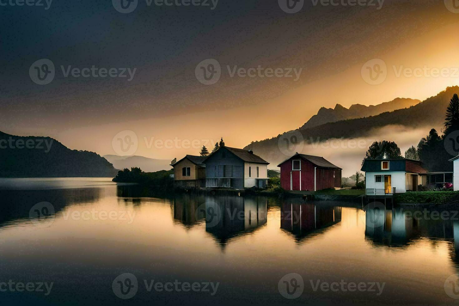 Häuser auf das Ufer von ein See beim Sonnenuntergang. KI-generiert foto