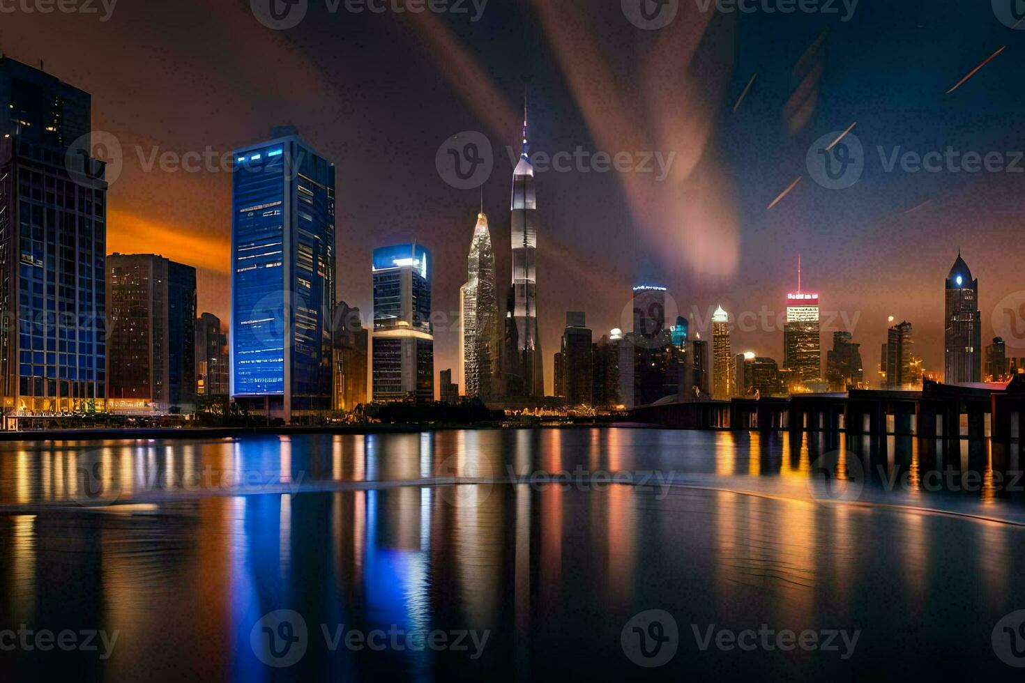 das Stadt Horizont beim Nacht mit Beleuchtung reflektieren aus das Wasser. KI-generiert foto