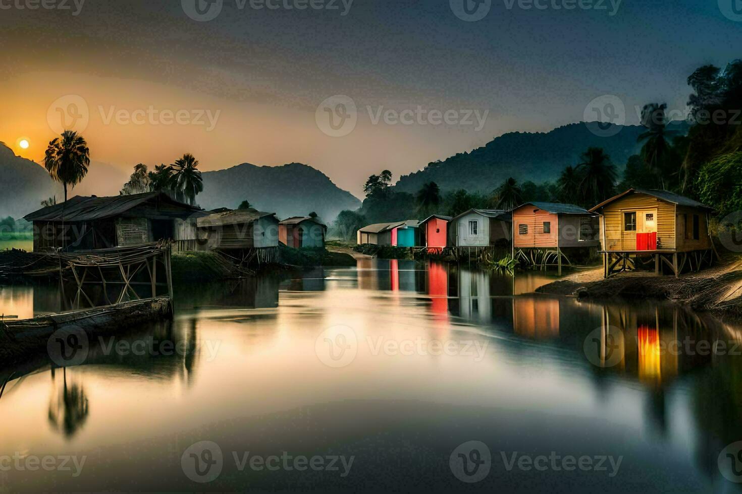 bunt Häuser auf das Banken von ein Fluss beim Sonnenuntergang. KI-generiert foto