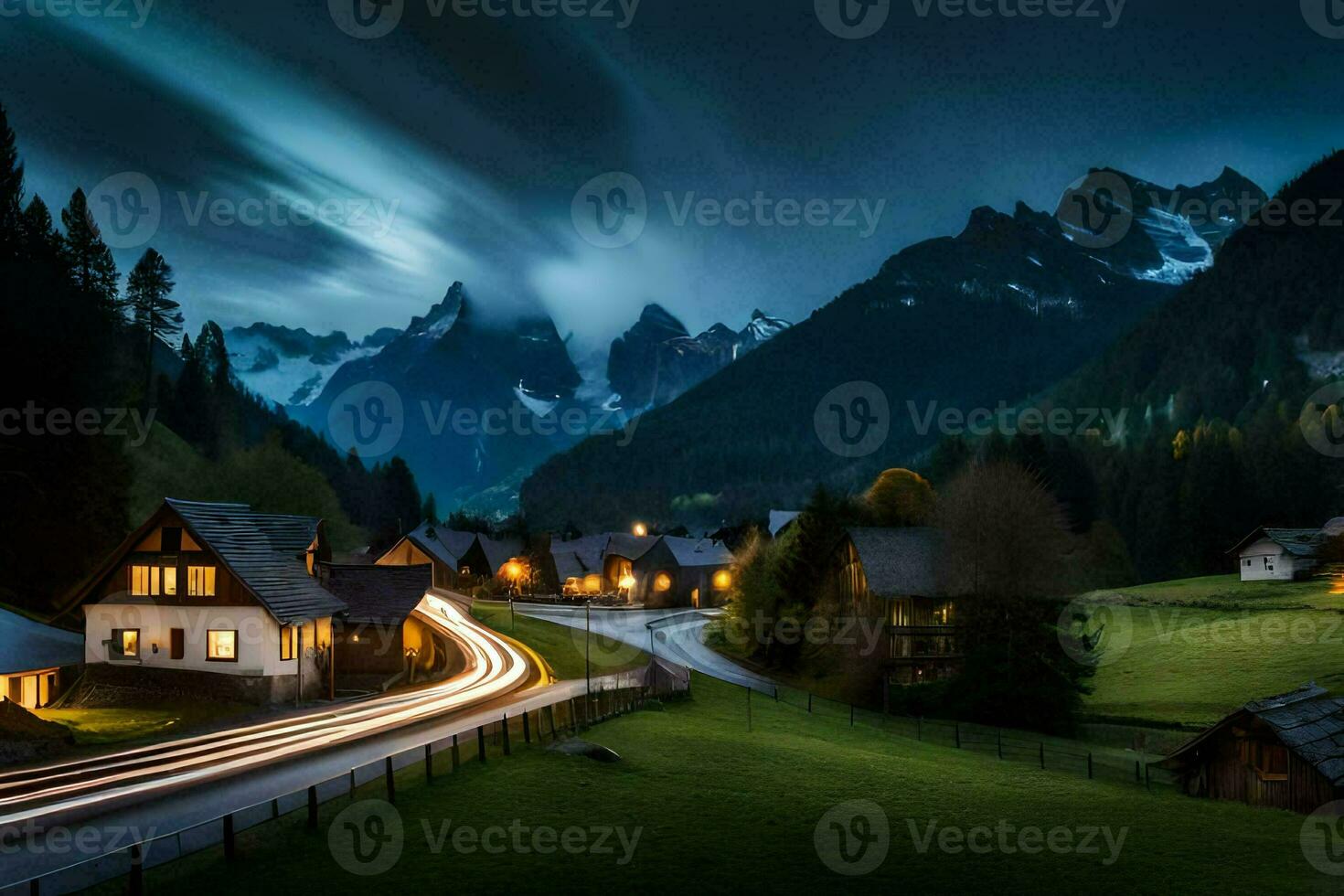 Foto Hintergrund das Himmel, Berge, Straße, Nacht, das Dorf, das Straße, das Dorf. KI-generiert