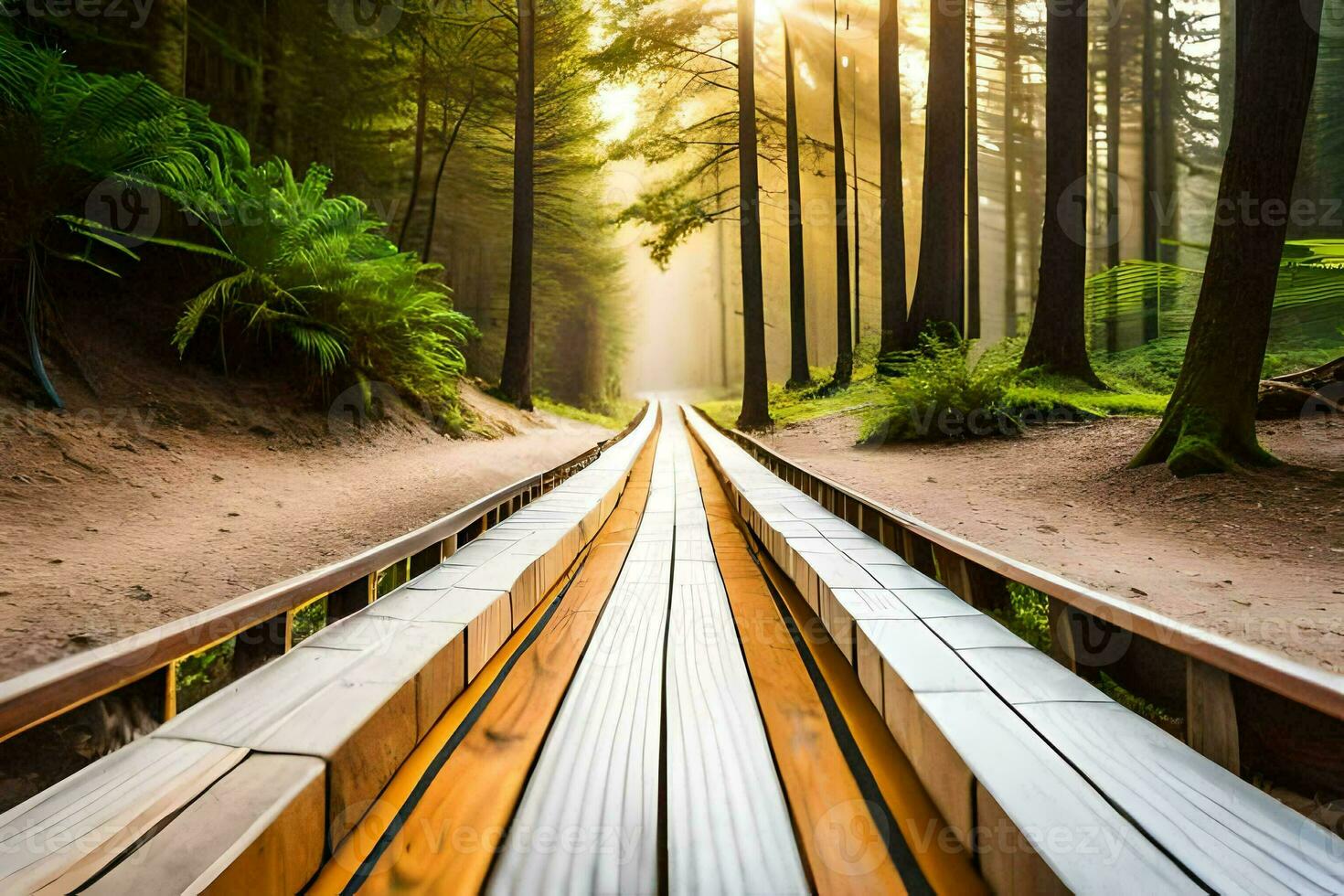 ein hölzern Gehweg im das Mitte von ein Wald. KI-generiert foto