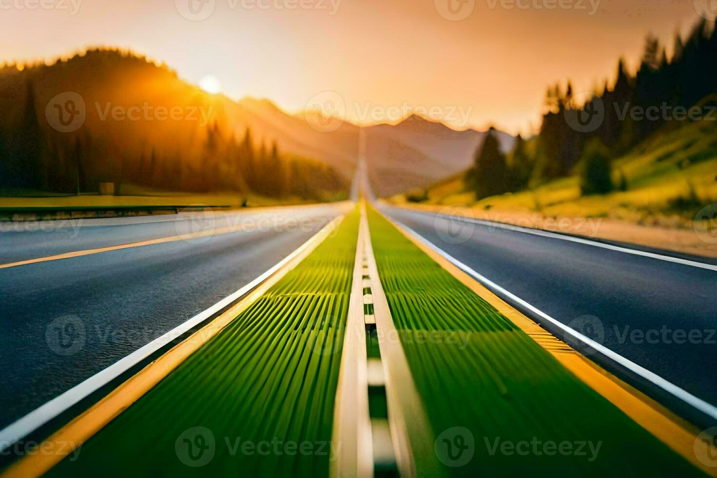 ein lange Autobahn mit das Sonne Rahmen hinter Es. KI-generiert foto