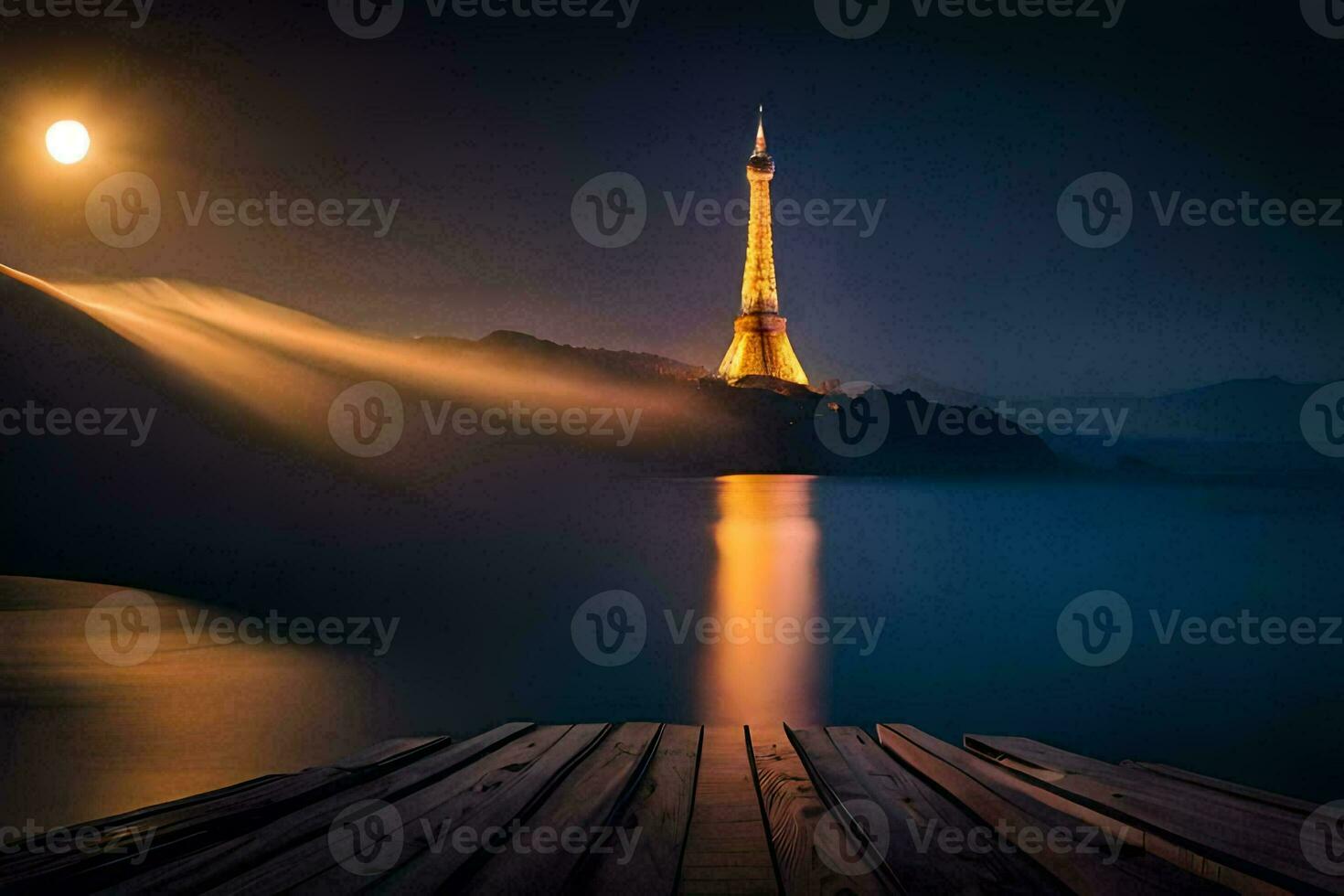 das Eiffel Turm beim Nacht mit ein voll Mond. KI-generiert foto