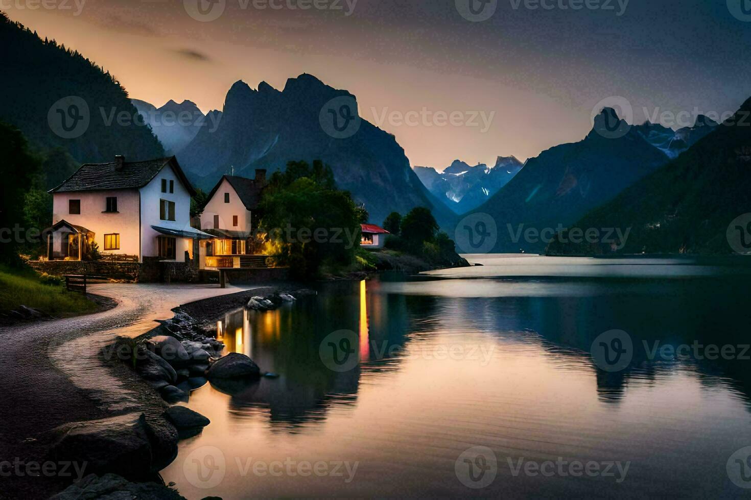 ein Haus sitzt auf das Ufer von ein See beim Sonnenuntergang. KI-generiert foto