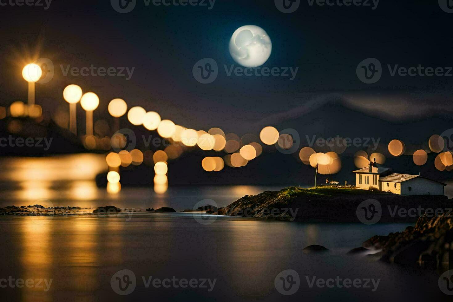 Foto Hintergrund das Mond, Nacht, Leuchtturm, Wasser, das Meer, das Mond, das Licht. KI-generiert