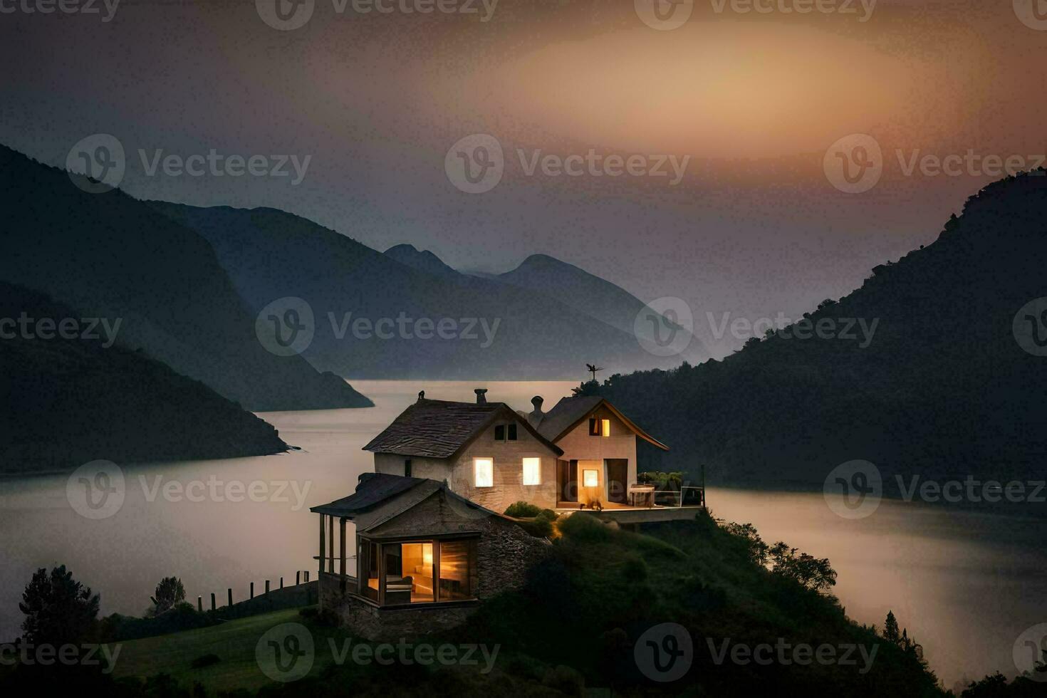 ein Haus auf oben von ein Hügel mit Blick auf ein See. KI-generiert foto