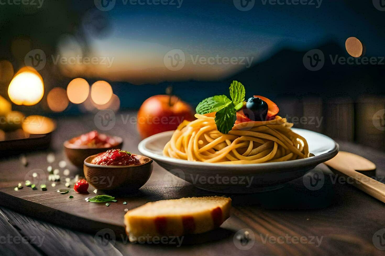 Spaghetti mit Tomate Soße und Brot auf ein hölzern Tisch. KI-generiert foto