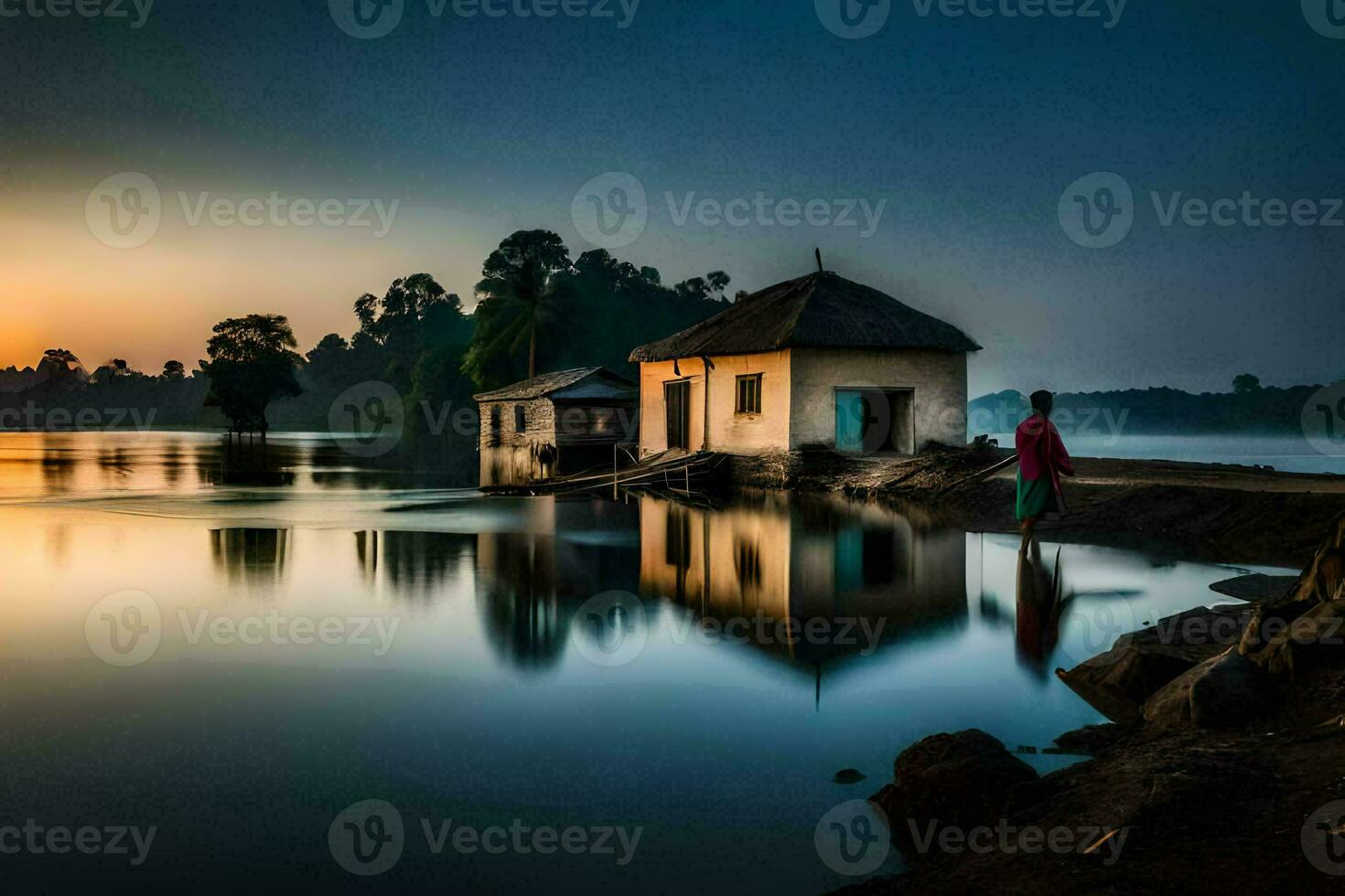 ein Mann steht im Vorderseite von ein Haus auf das Ufer von ein See. KI-generiert foto