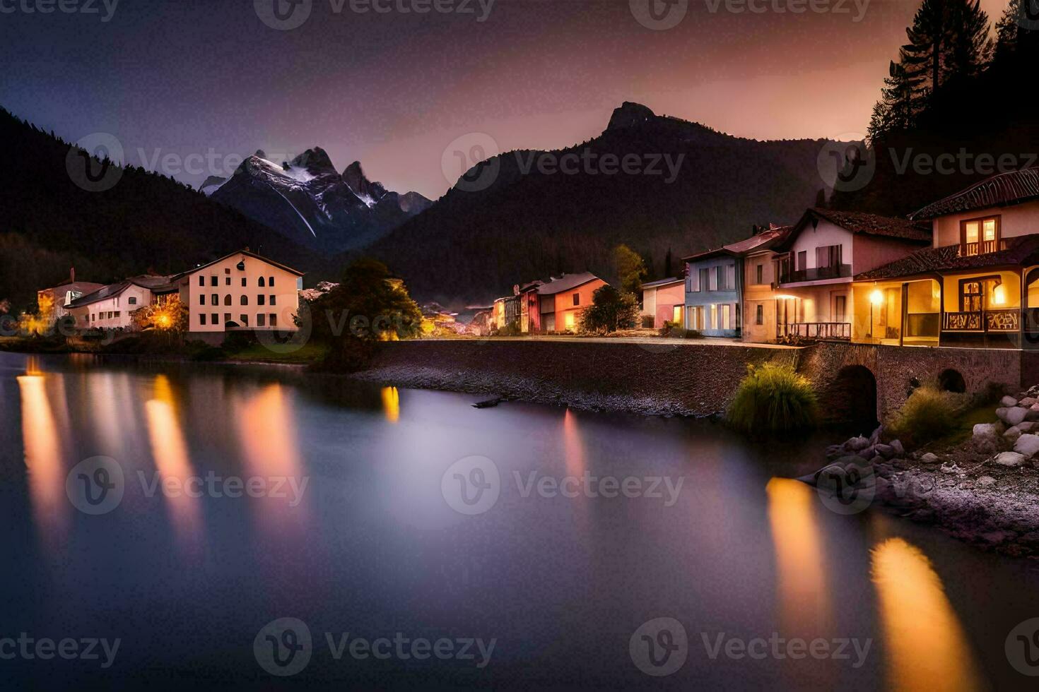 Foto Hintergrund das Himmel, Berge, Fluss, Häuser, das Nacht, das Berge, das Fluss. KI-generiert