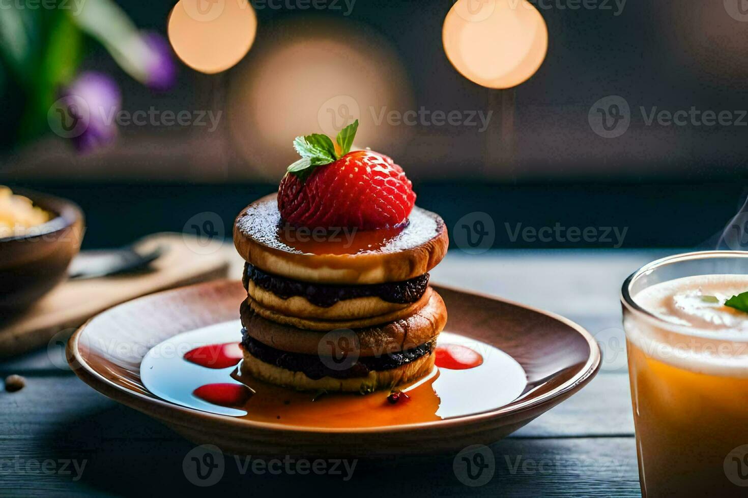 ein Stapel von Pfannkuchen mit Erdbeeren und Sirup. KI-generiert foto