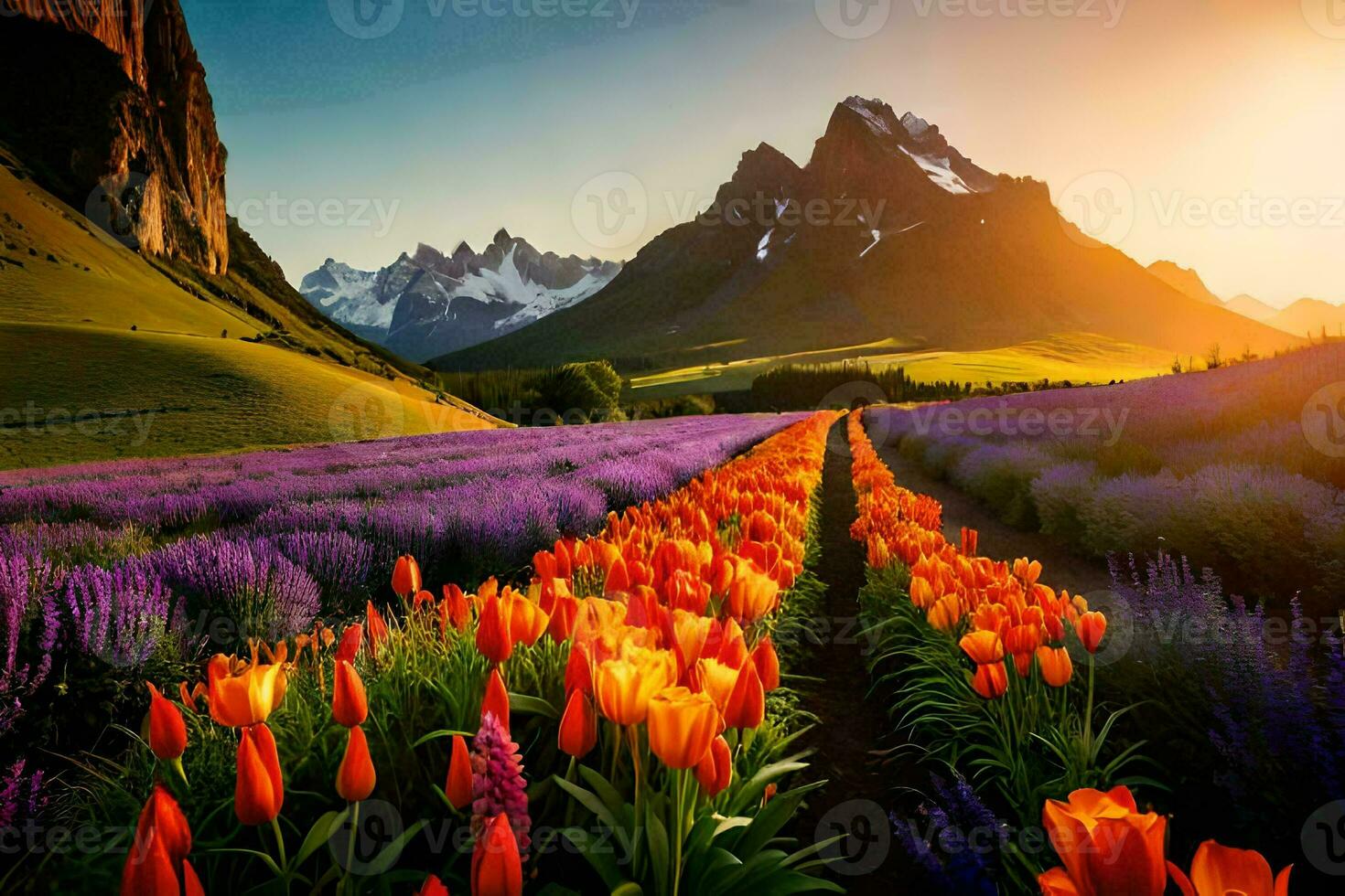 das Sonne steigt an Über das Berge und Blumen im das Feld. KI-generiert foto