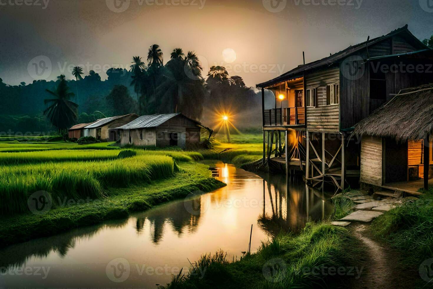 ein Haus und ein Fluss im das Mitte von ein Reis Feld. KI-generiert foto