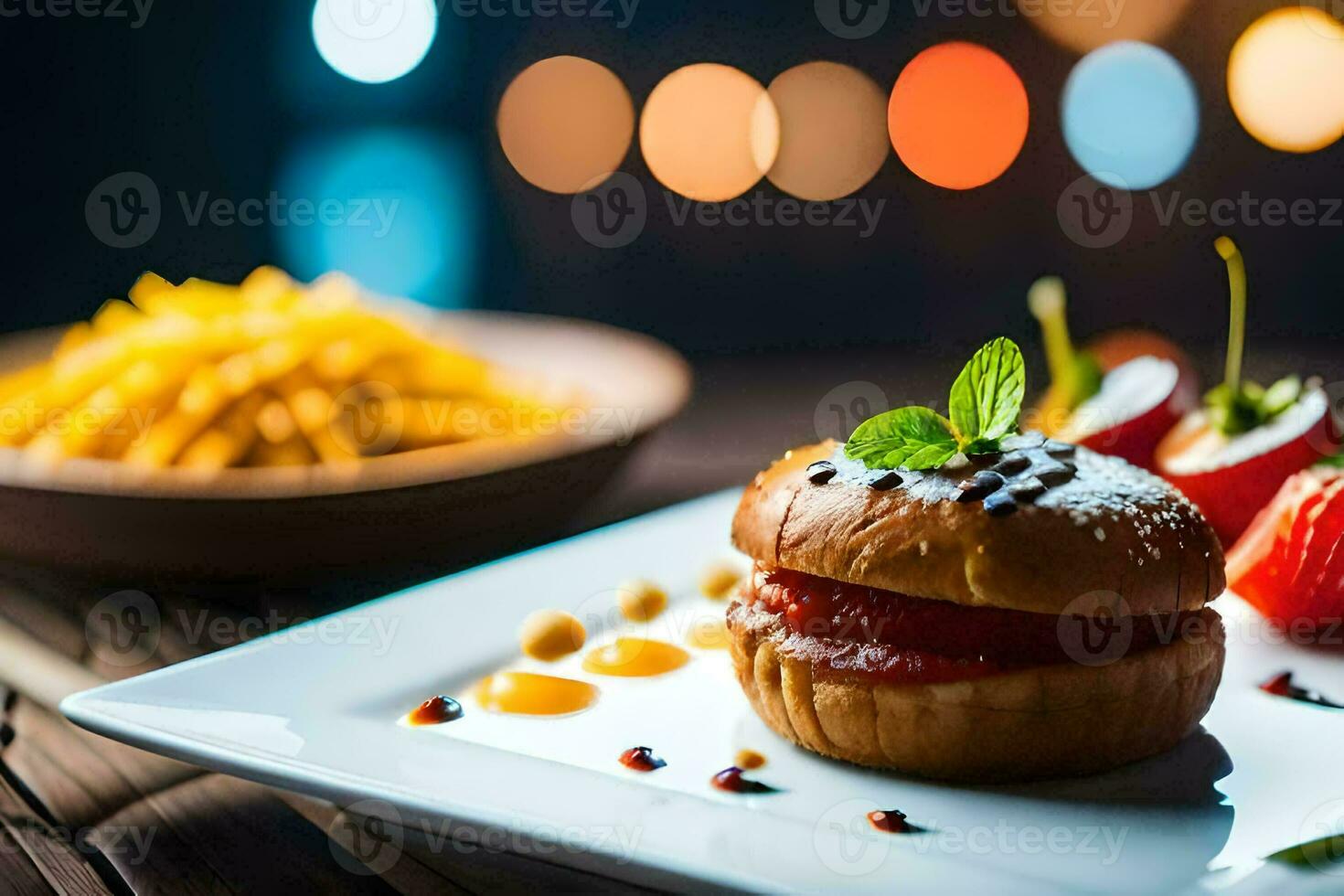 ein Teller mit ein Sandwich und Fritten auf Es. KI-generiert foto