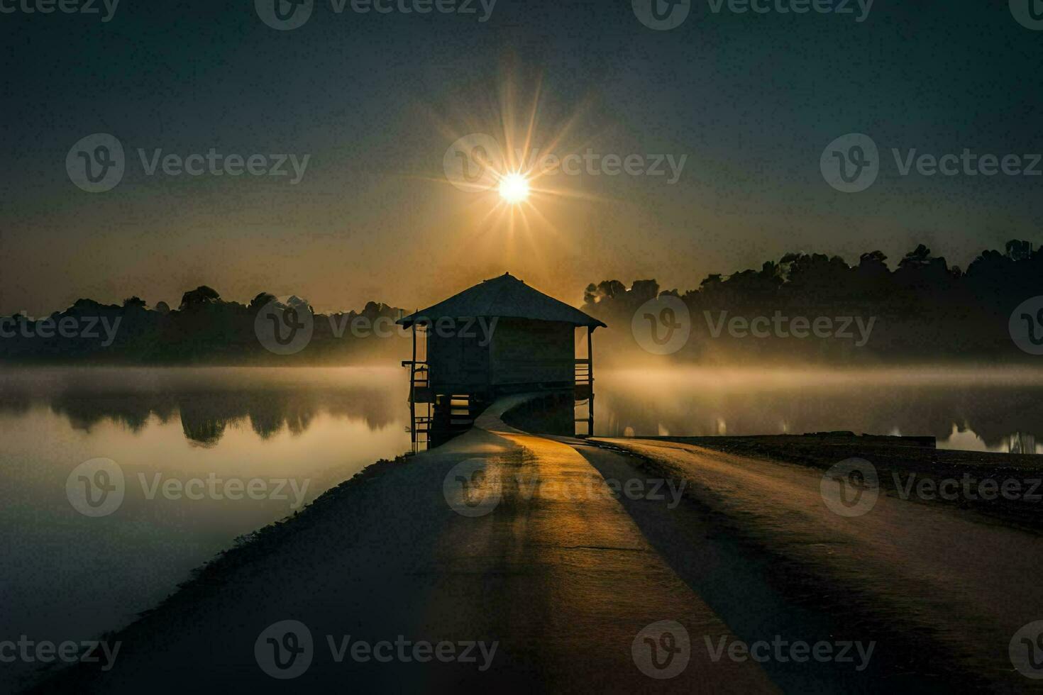 das Sonne steigt an Über ein klein Hütte auf das Ufer von ein See. KI-generiert foto