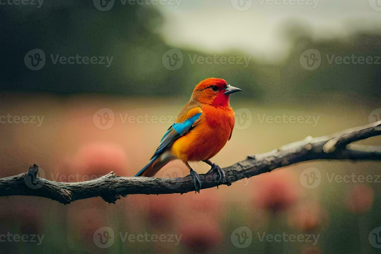 ein bunt Vogel sitzt auf ein Ast im Vorderseite von ein Feld. KI-generiert foto