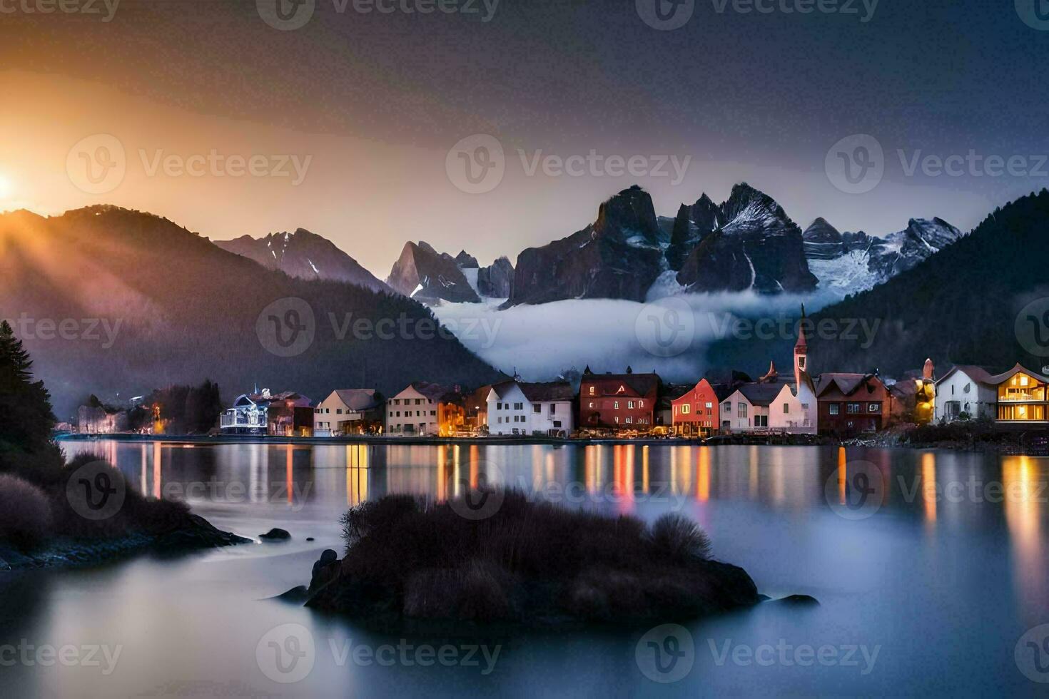 das Sonne setzt Über ein See und Berge. KI-generiert foto