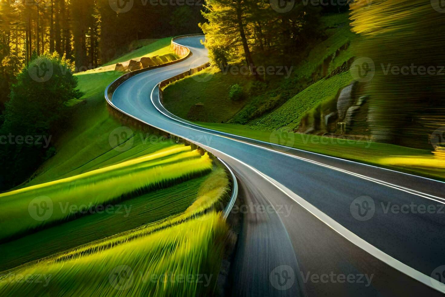 ein Wicklung Straße im das Berge mit Bäume und Gras. KI-generiert foto