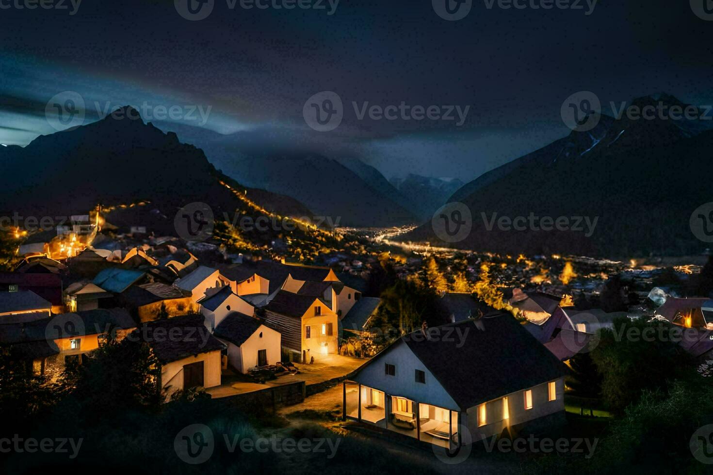 ein Dorf zündete oben beim Nacht im das Berge. KI-generiert foto