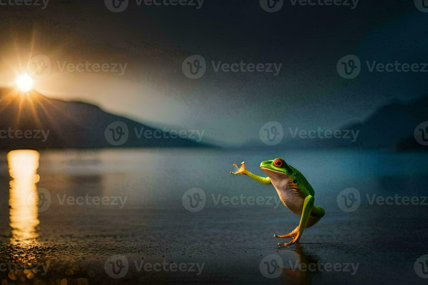 ein Frosch Stehen auf das Ufer von ein See beim Sonnenuntergang. KI-generiert foto