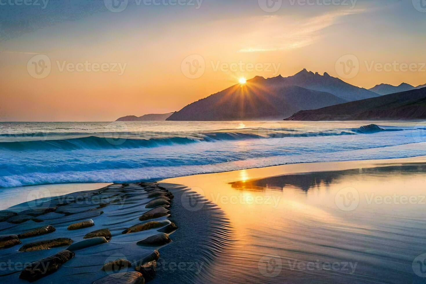 das Sonne steigt an Über das Ozean und Berge. KI-generiert foto