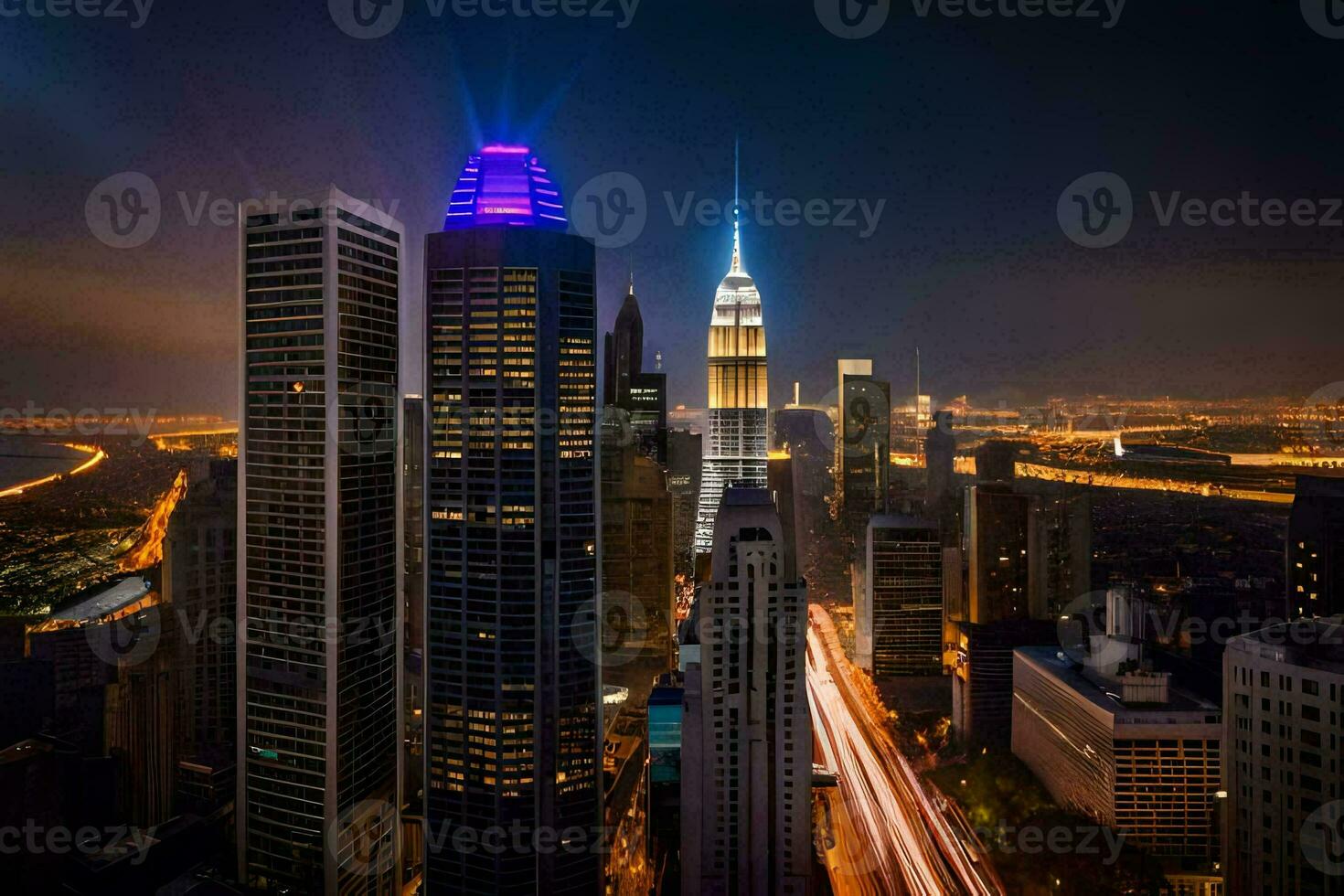 das Stadt Horizont beim Nacht mit Beleuchtung An. KI-generiert foto