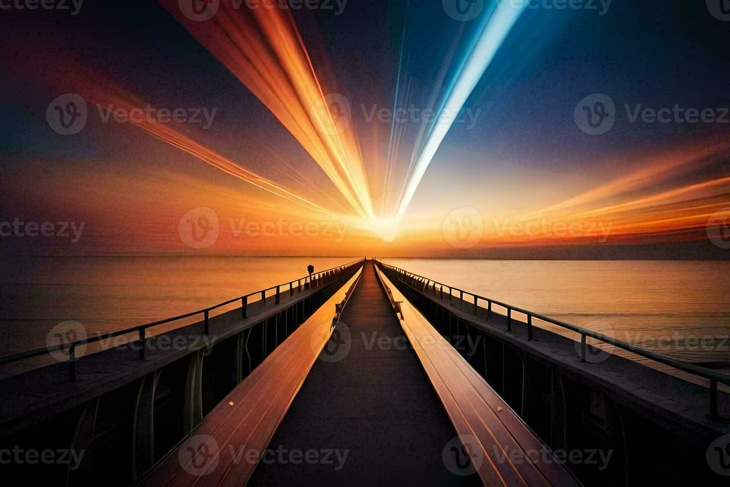 ein lange Exposition Foto von ein Seebrücke mit Licht Wanderwege. KI-generiert