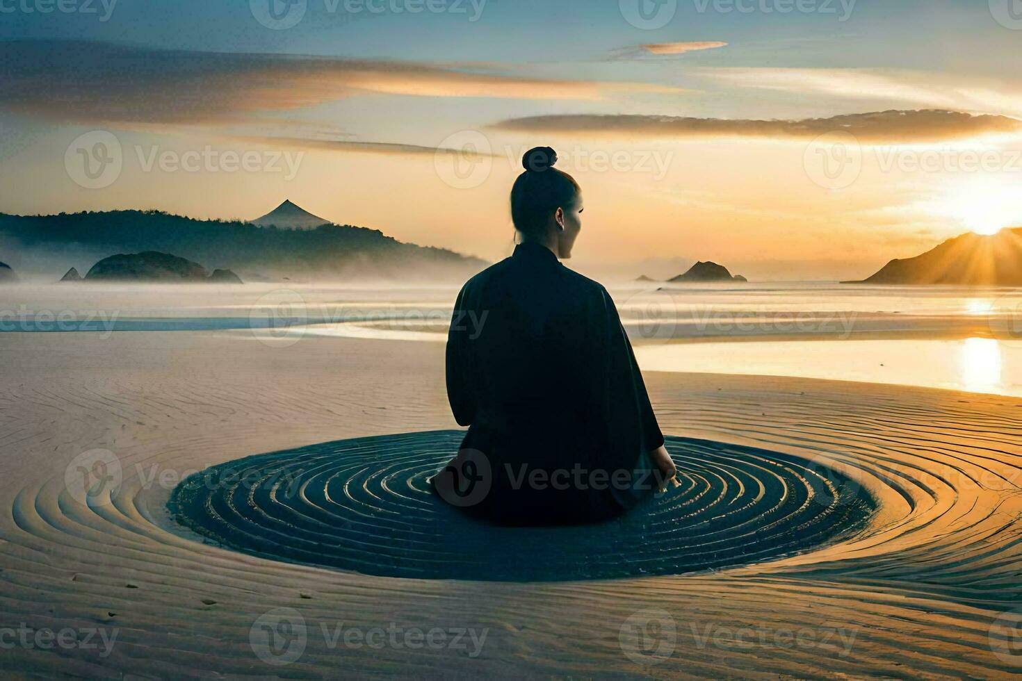 ein Frau meditieren auf das Strand beim Sonnenuntergang. KI-generiert foto