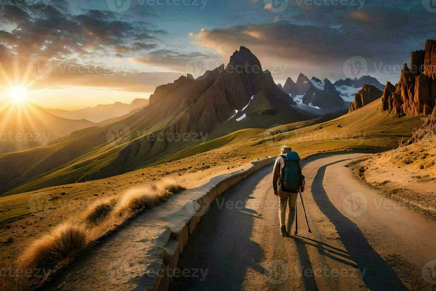 ein Mann mit Rucksack Gehen auf das Straße im das Berge. KI-generiert foto