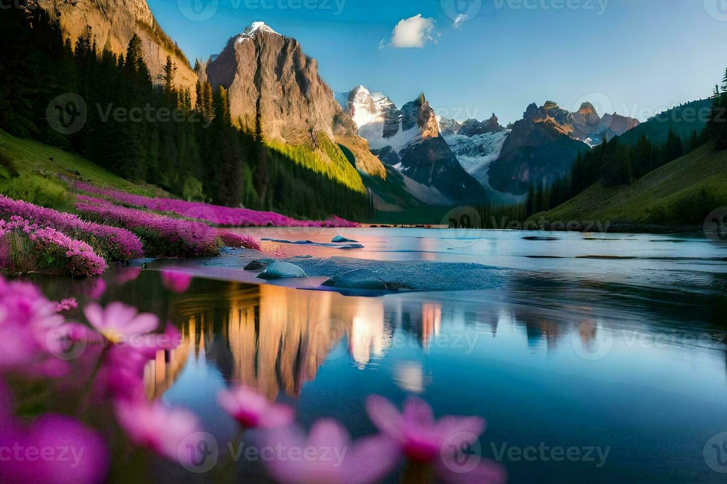 das Blumen sind Blühen im das Berge, das Sonne ist leuchtenden und das Wasser ist reflektieren Die. KI-generiert foto