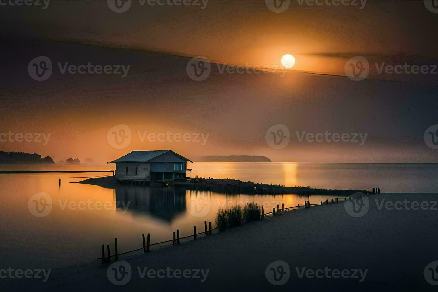 ein klein Haus sitzt auf das Ufer von ein See beim Sonnenuntergang. KI-generiert foto