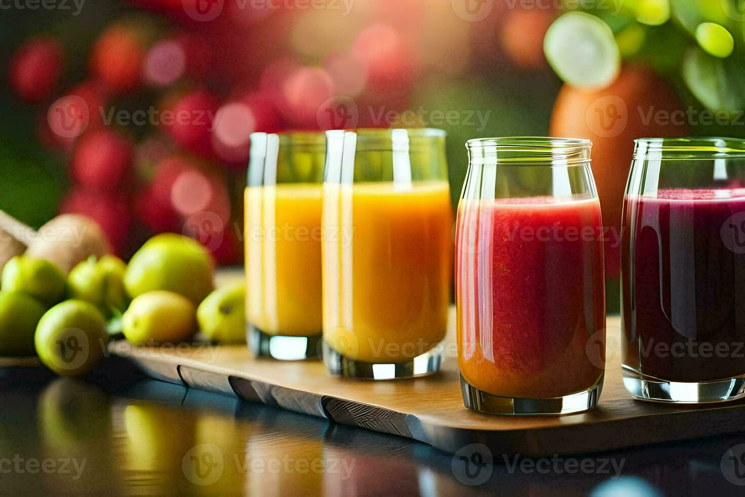 fünf Brille von Saft auf ein hölzern Tablett. KI-generiert foto