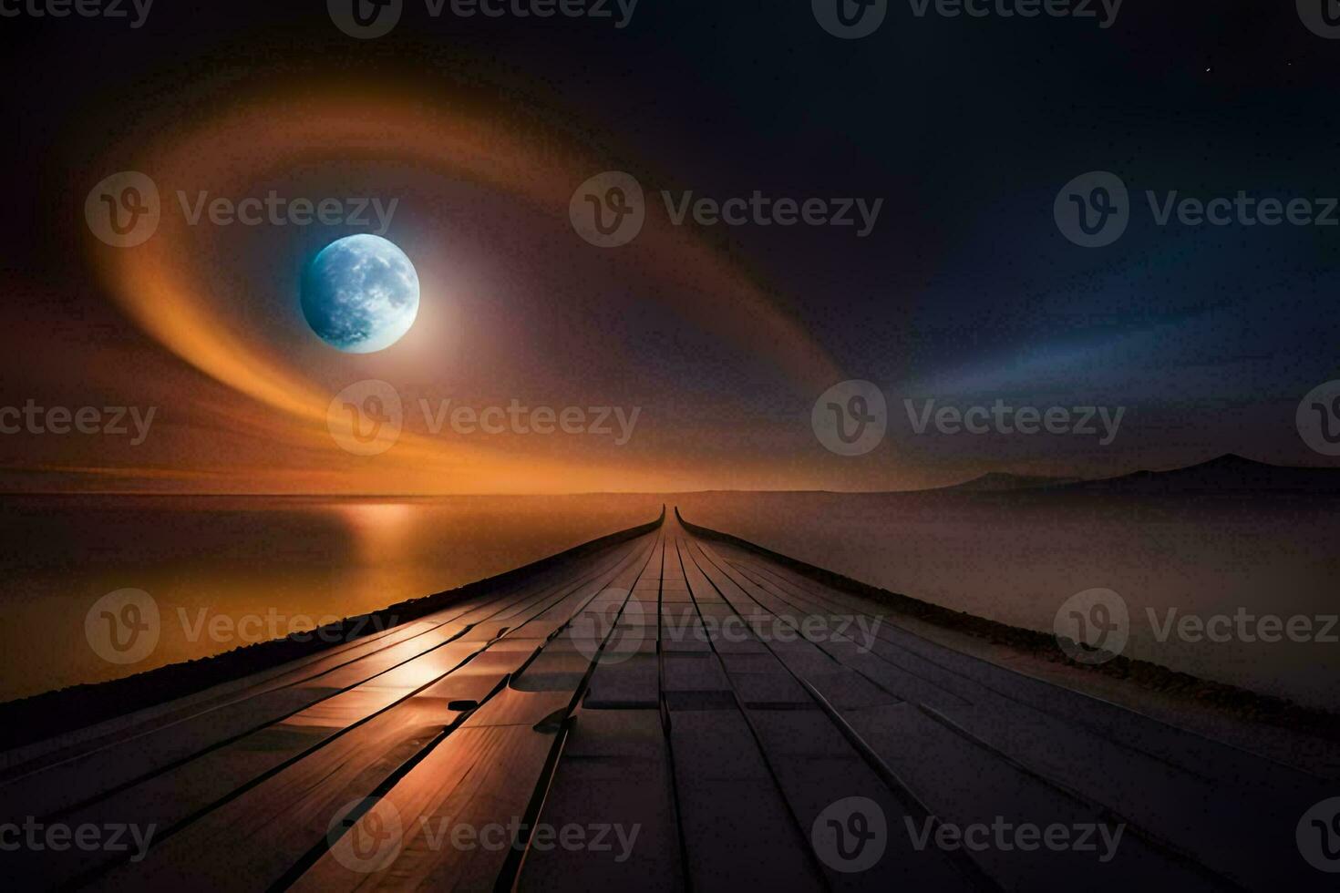 ein hölzern Dock mit ein Mond und ein Spiral. KI-generiert foto