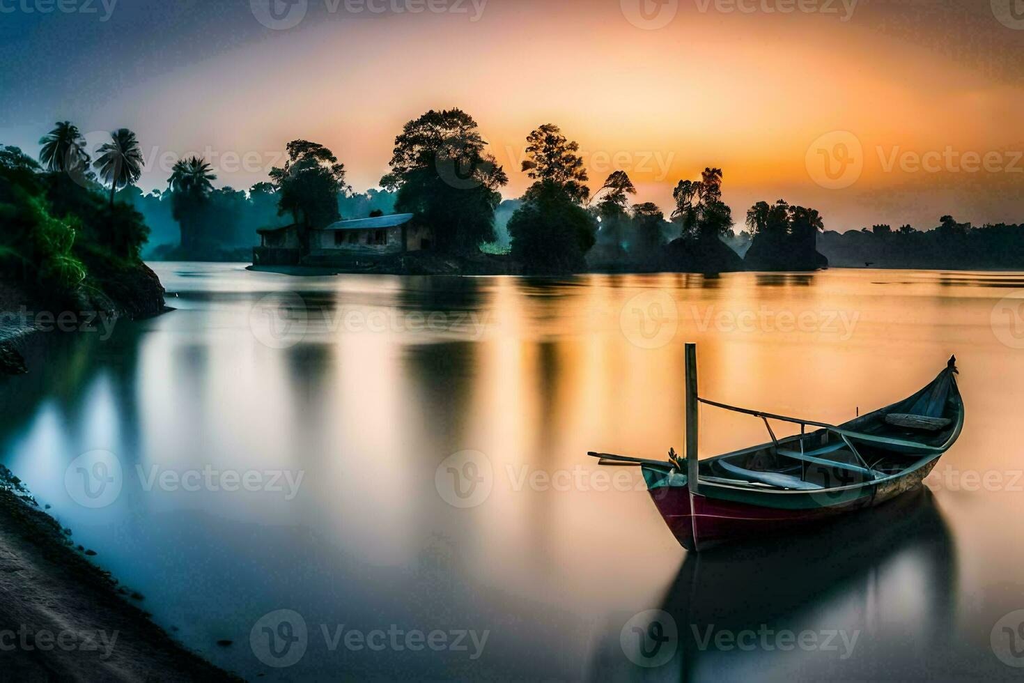 ein Boot sitzt auf das Ufer beim Sonnenuntergang. KI-generiert foto