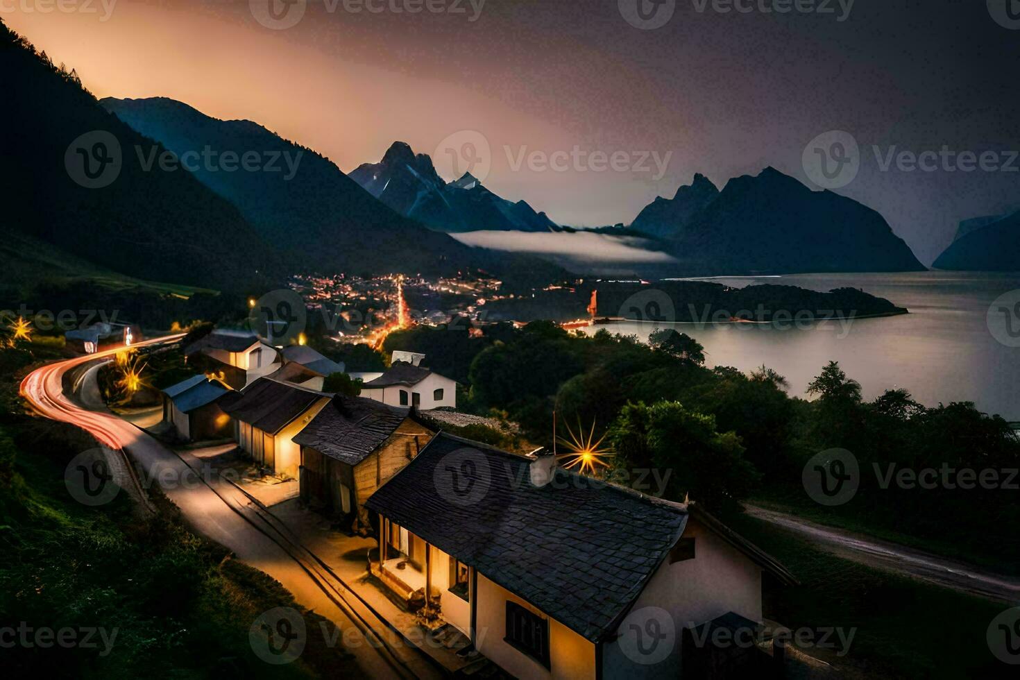 ein Dorf im das Berge beim Nacht mit ein See und Berge im das Hintergrund. KI-generiert foto