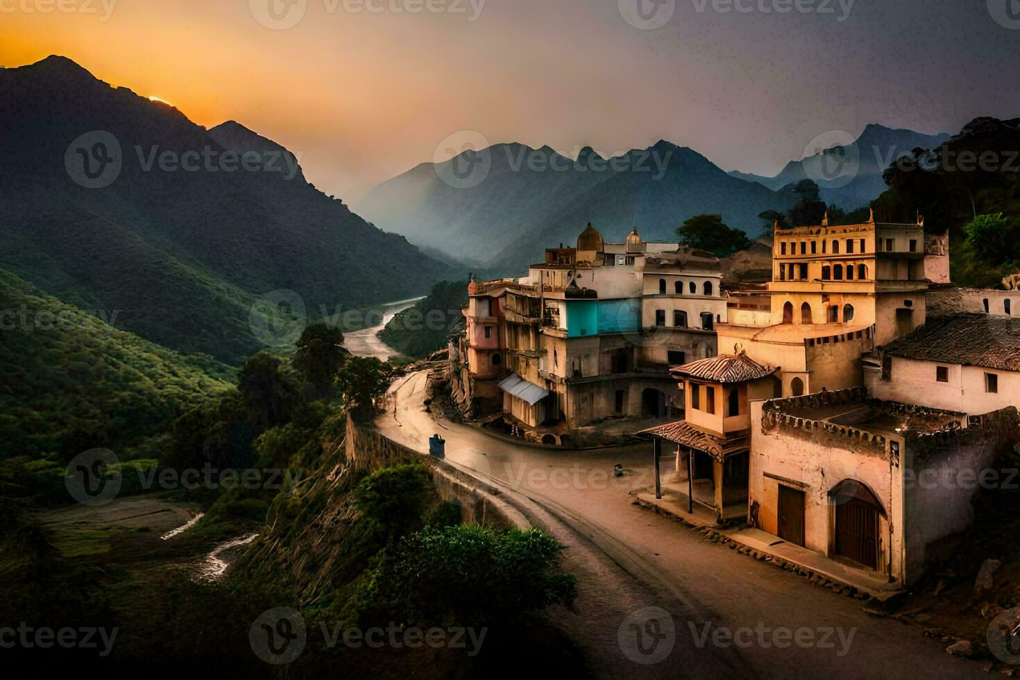 Foto Hintergrund das Himmel, Berge, Straße, Dorf, Sonnenuntergang, Indien. KI-generiert