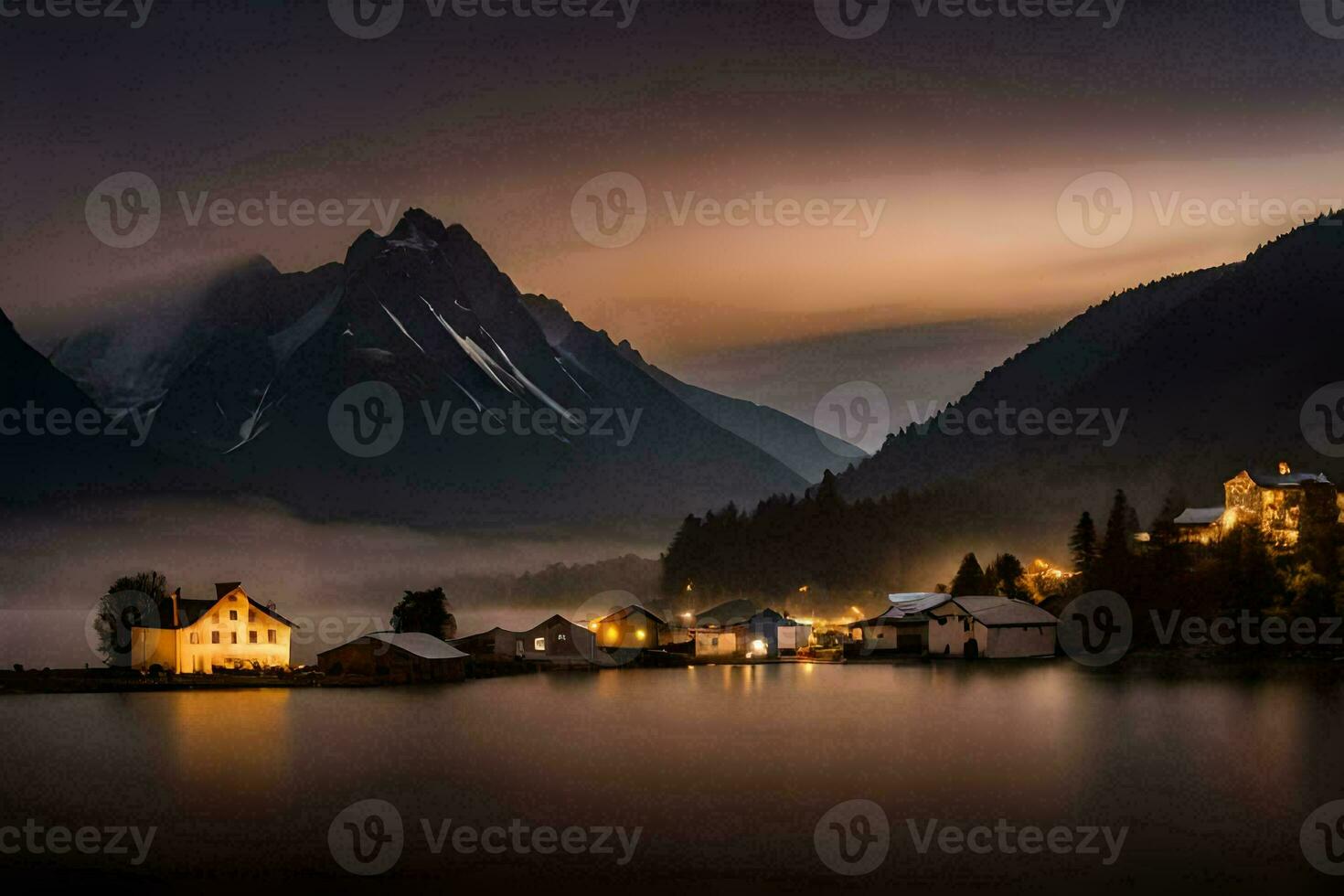 Foto Hintergrund das Himmel, Nebel, Berge, das Meer, Häuser, das Dorf, das See. KI-generiert