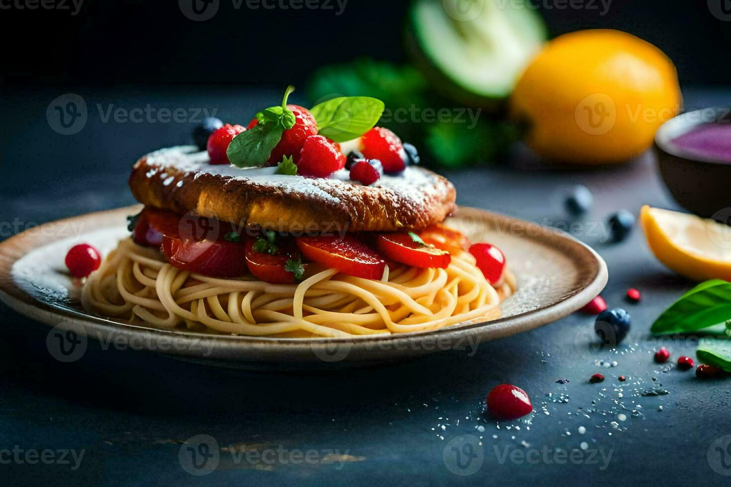 ein Teller mit ein Sandwich und Pasta mit frisch Frucht. KI-generiert foto