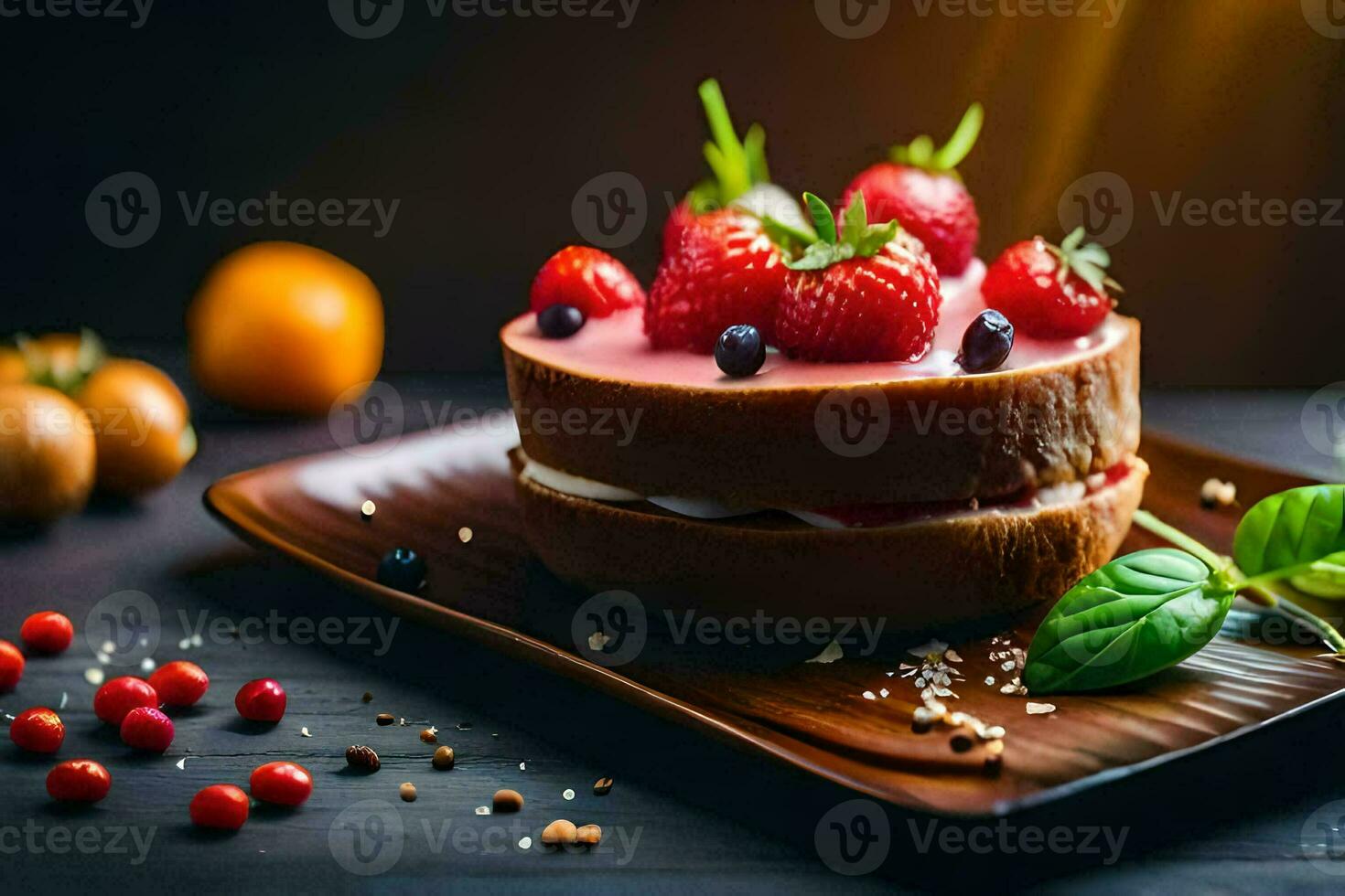 ein Kuchen mit Erdbeeren und Sahne auf ein hölzern Tisch. KI-generiert foto