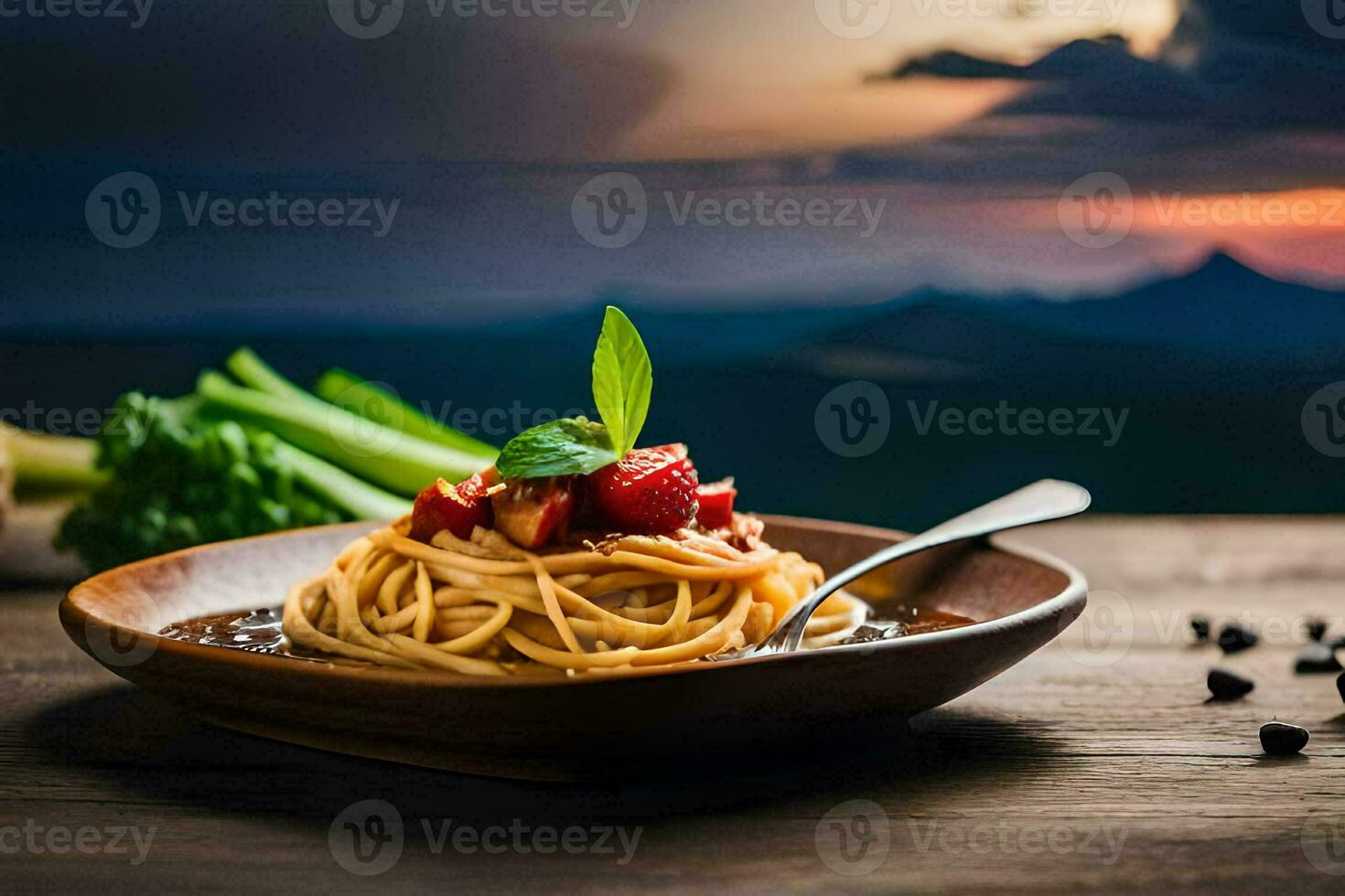 Spaghetti mit Tomate und Basilikum auf ein hölzern Tisch. KI-generiert foto