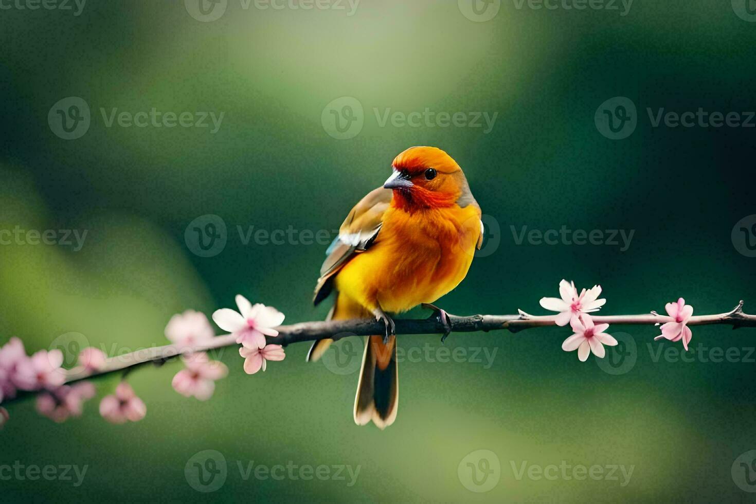 ein klein Orange Vogel sitzt auf ein Ast mit Rosa Blumen. KI-generiert foto