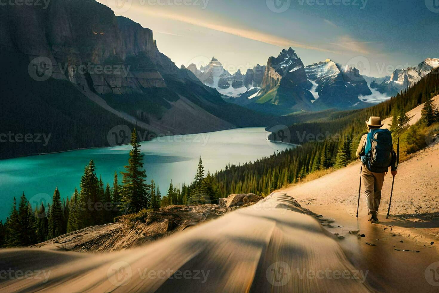 ein Mann mit ein Rucksack Spaziergänge entlang ein Weg im das Berge. KI-generiert foto