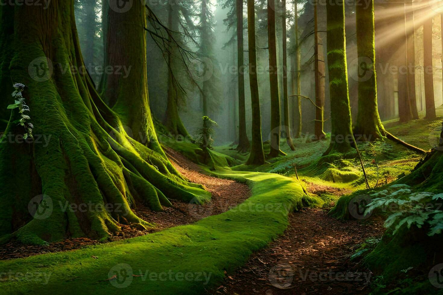 ein Pfad durch ein Wald mit moosig Bäume. KI-generiert foto