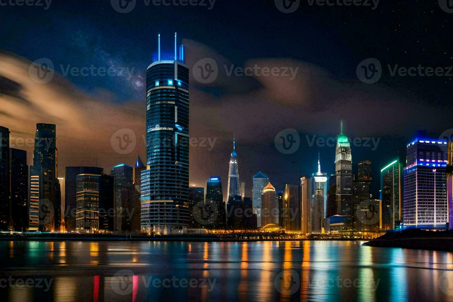 das Stadt Horizont beim Nacht mit Beleuchtung reflektieren aus das Wasser. KI-generiert foto