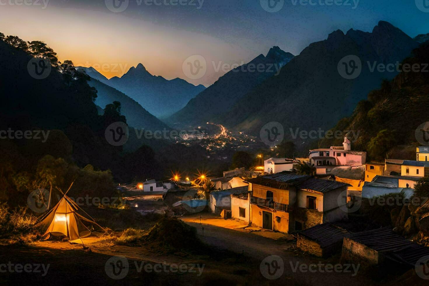 ein Dorf im das Berge beim Dämmerung. KI-generiert foto