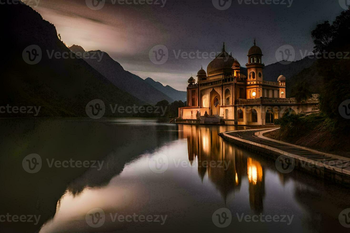 ein Moschee im das Berge beim Nacht. KI-generiert foto