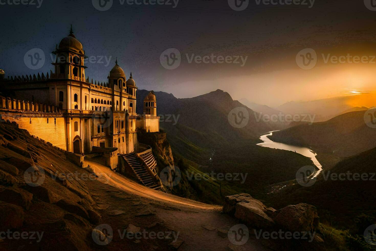 das Sonnenuntergang Über ein Schloss im Indien. KI-generiert foto