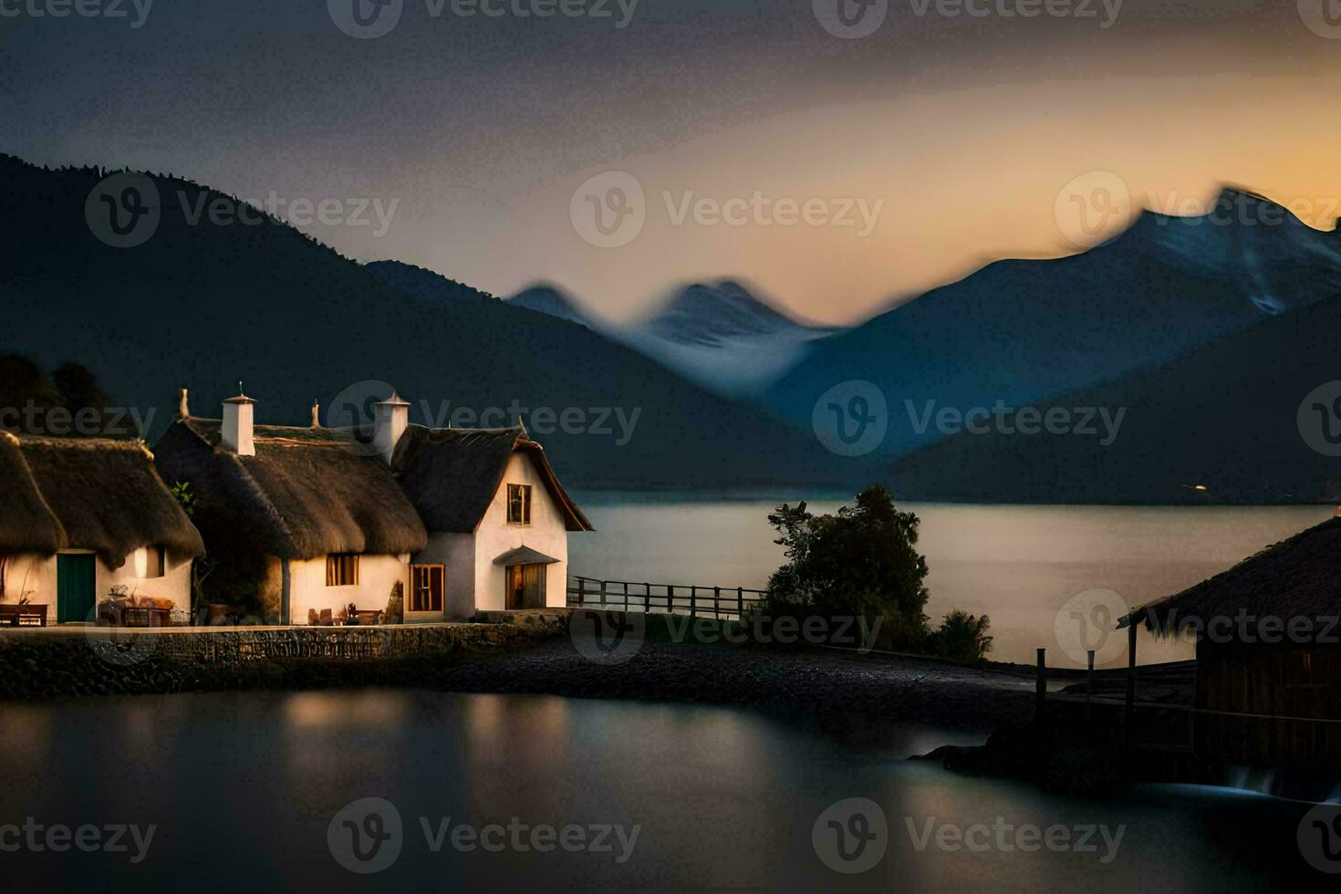ein Haus sitzt auf das Ufer von ein See beim Sonnenuntergang. KI-generiert foto